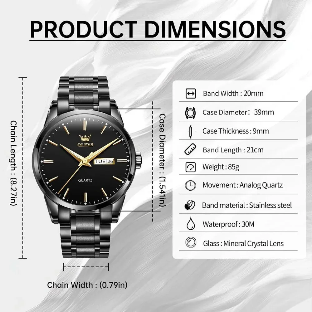 Olevs Men's Black Steel Black-Dial Waterproof Stainless Luminous Stylish Watch